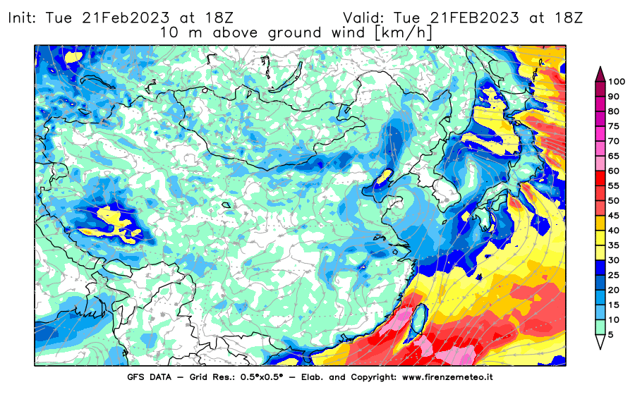 Mappa di analisi GFS - Velocità del vento a 10 metri dal suolo [km/h] in Asia Orientale
							del 21/02/2023 18 <!--googleoff: index-->UTC<!--googleon: index-->