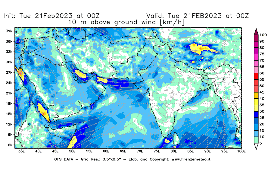 Mappa di analisi GFS - Velocità del vento a 10 metri dal suolo [km/h] in Asia Sud-Occidentale
							del 21/02/2023 00 <!--googleoff: index-->UTC<!--googleon: index-->