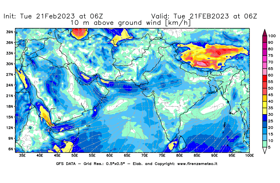 Mappa di analisi GFS - Velocità del vento a 10 metri dal suolo [km/h] in Asia Sud-Occidentale
							del 21/02/2023 06 <!--googleoff: index-->UTC<!--googleon: index-->