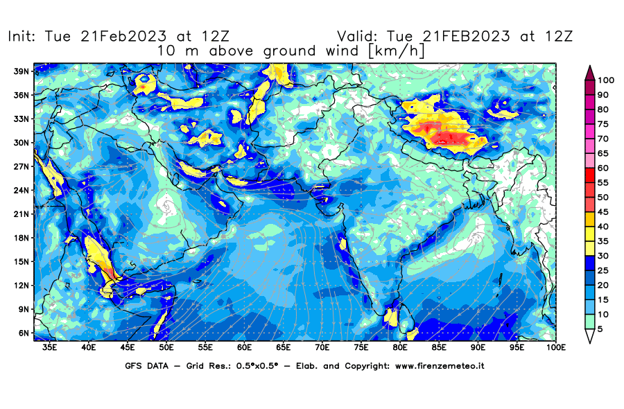 Mappa di analisi GFS - Velocità del vento a 10 metri dal suolo [km/h] in Asia Sud-Occidentale
							del 21/02/2023 12 <!--googleoff: index-->UTC<!--googleon: index-->