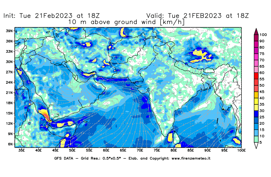 Mappa di analisi GFS - Velocità del vento a 10 metri dal suolo [km/h] in Asia Sud-Occidentale
							del 21/02/2023 18 <!--googleoff: index-->UTC<!--googleon: index-->