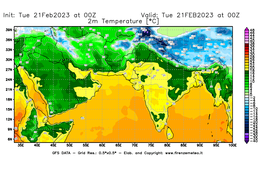 Mappa di analisi GFS - Temperatura a 2 metri dal suolo [°C] in Asia Sud-Occidentale
							del 21/02/2023 00 <!--googleoff: index-->UTC<!--googleon: index-->