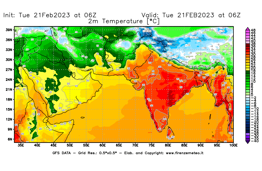 Mappa di analisi GFS - Temperatura a 2 metri dal suolo [°C] in Asia Sud-Occidentale
							del 21/02/2023 06 <!--googleoff: index-->UTC<!--googleon: index-->