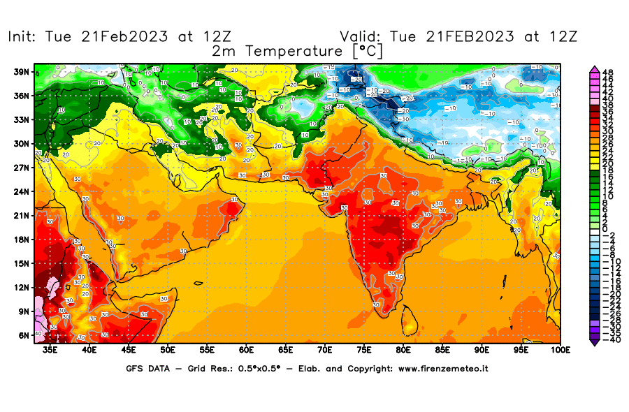 Mappa di analisi GFS - Temperatura a 2 metri dal suolo [°C] in Asia Sud-Occidentale
							del 21/02/2023 12 <!--googleoff: index-->UTC<!--googleon: index-->
