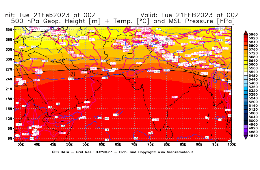 Mappa di analisi GFS - Geopotenziale [m] + Temp. [°C] a 500 hPa + Press. a livello del mare [hPa] in Asia Sud-Occidentale
							del 21/02/2023 00 <!--googleoff: index-->UTC<!--googleon: index-->