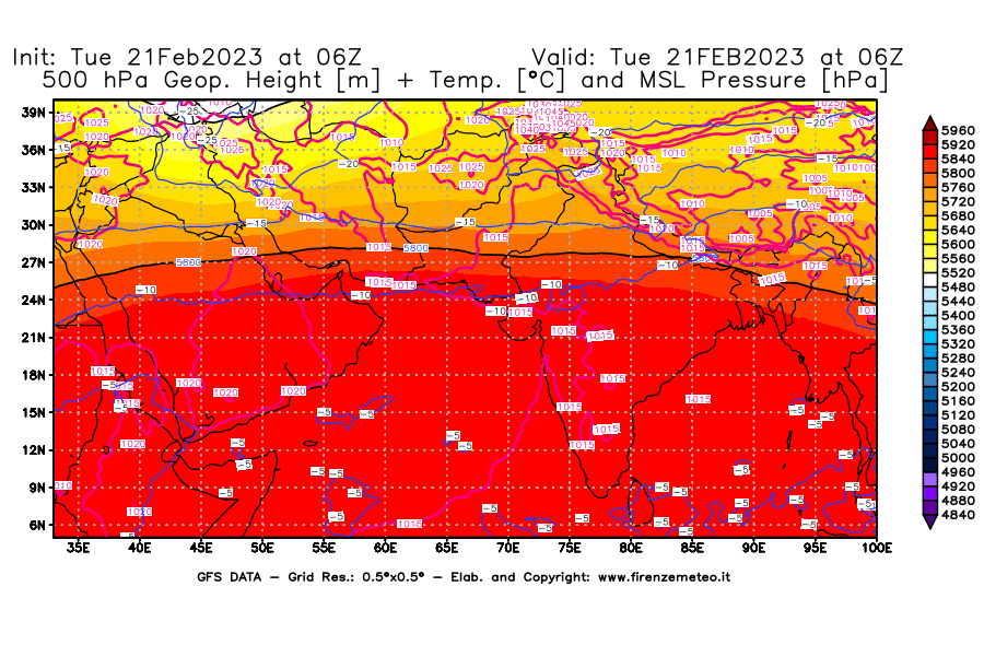 Mappa di analisi GFS - Geopotenziale [m] + Temp. [°C] a 500 hPa + Press. a livello del mare [hPa] in Asia Sud-Occidentale
							del 21/02/2023 06 <!--googleoff: index-->UTC<!--googleon: index-->