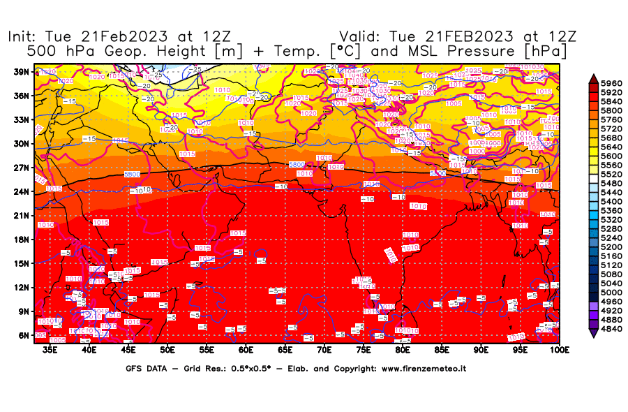 Mappa di analisi GFS - Geopotenziale [m] + Temp. [°C] a 500 hPa + Press. a livello del mare [hPa] in Asia Sud-Occidentale
							del 21/02/2023 12 <!--googleoff: index-->UTC<!--googleon: index-->