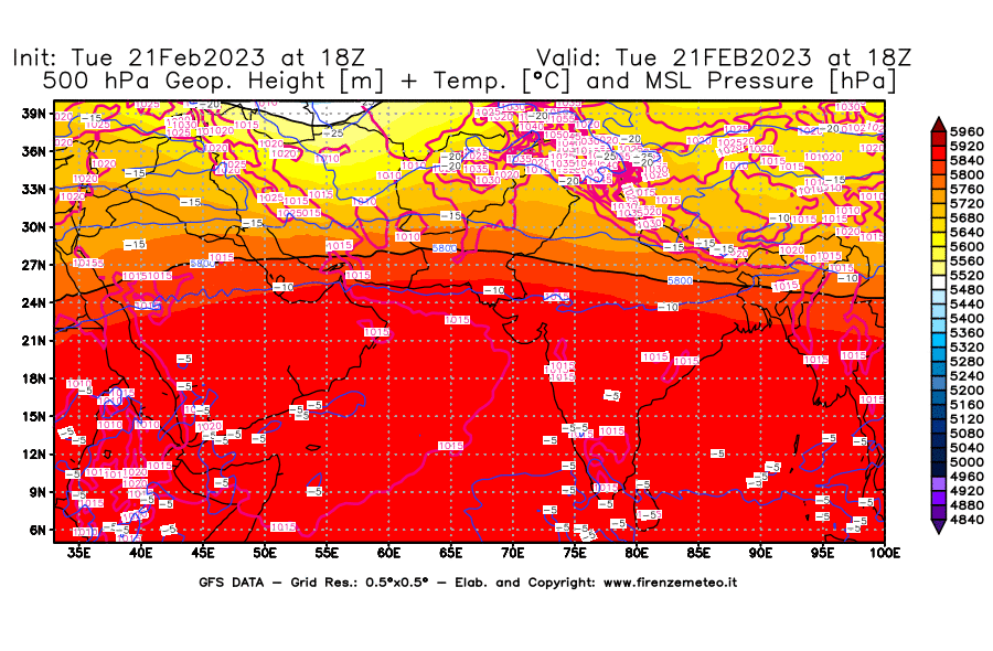 Mappa di analisi GFS - Geopotenziale [m] + Temp. [°C] a 500 hPa + Press. a livello del mare [hPa] in Asia Sud-Occidentale
							del 21/02/2023 18 <!--googleoff: index-->UTC<!--googleon: index-->