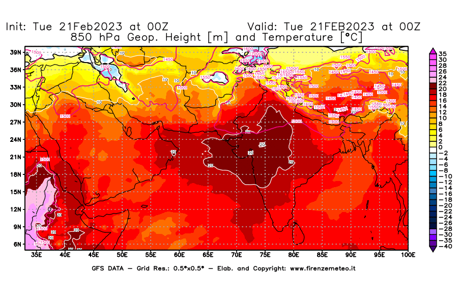 Mappa di analisi GFS - Geopotenziale [m] e Temperatura [°C] a 850 hPa in Asia Sud-Occidentale
							del 21/02/2023 00 <!--googleoff: index-->UTC<!--googleon: index-->