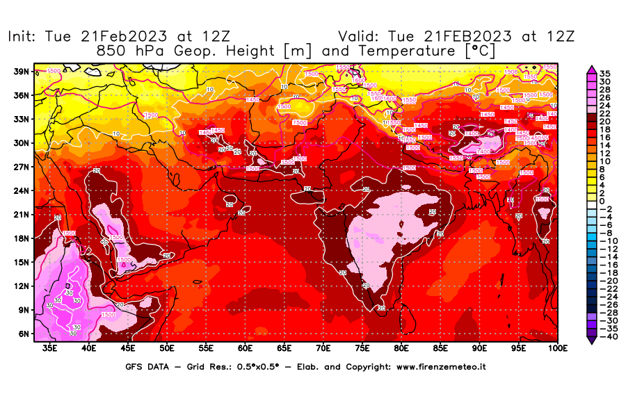 Mappa di analisi GFS - Geopotenziale [m] e Temperatura [°C] a 850 hPa in Asia Sud-Occidentale
							del 21/02/2023 12 <!--googleoff: index-->UTC<!--googleon: index-->