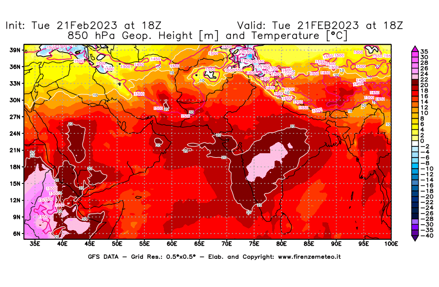 Mappa di analisi GFS - Geopotenziale [m] e Temperatura [°C] a 850 hPa in Asia Sud-Occidentale
							del 21/02/2023 18 <!--googleoff: index-->UTC<!--googleon: index-->