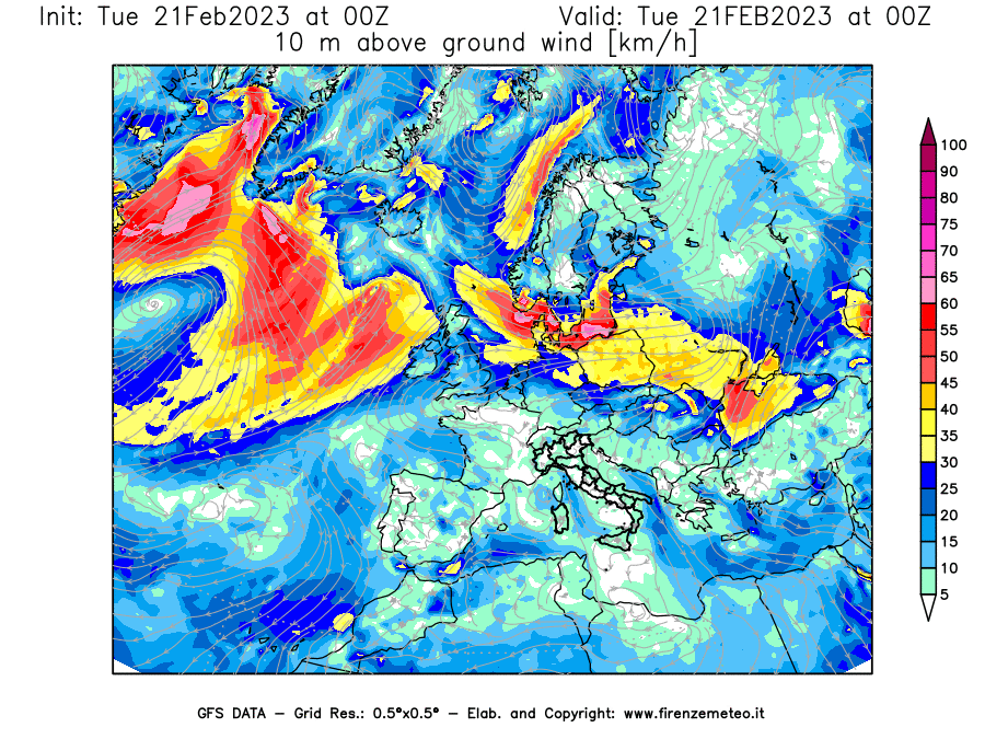 Mappa di analisi GFS - Velocità del vento a 10 metri dal suolo [km/h] in Europa
							del 21/02/2023 00 <!--googleoff: index-->UTC<!--googleon: index-->