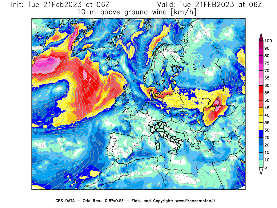 Mappa di analisi GFS - Velocità del vento a 10 metri dal suolo [km/h] in Europa
							del 21/02/2023 06 <!--googleoff: index-->UTC<!--googleon: index-->