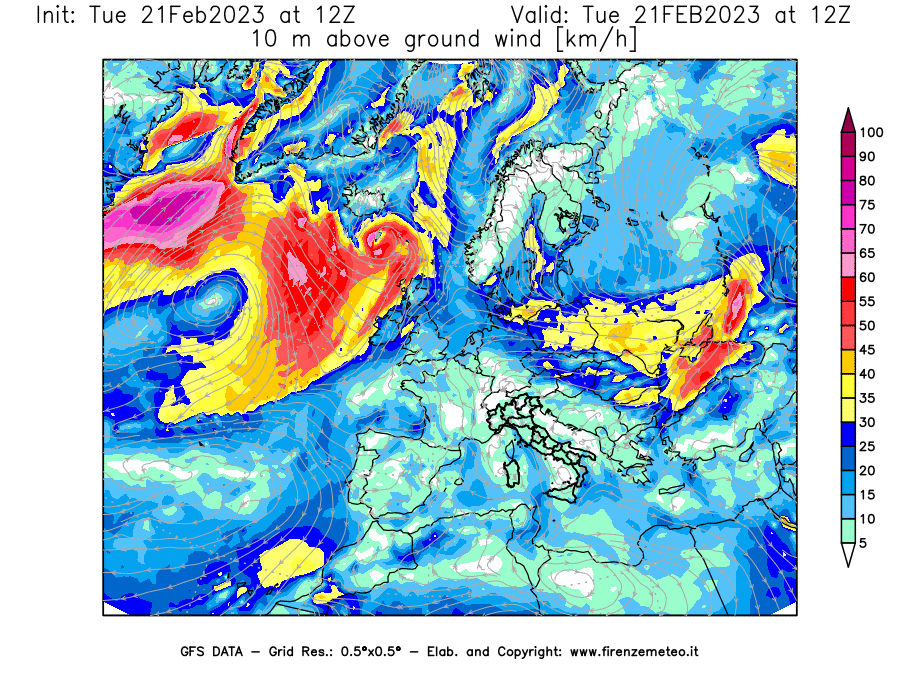Mappa di analisi GFS - Velocità del vento a 10 metri dal suolo [km/h] in Europa
							del 21/02/2023 12 <!--googleoff: index-->UTC<!--googleon: index-->