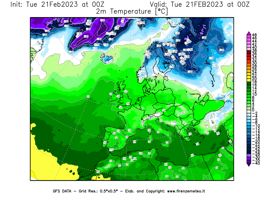 Mappa di analisi GFS - Temperatura a 2 metri dal suolo [°C] in Europa
							del 21/02/2023 00 <!--googleoff: index-->UTC<!--googleon: index-->