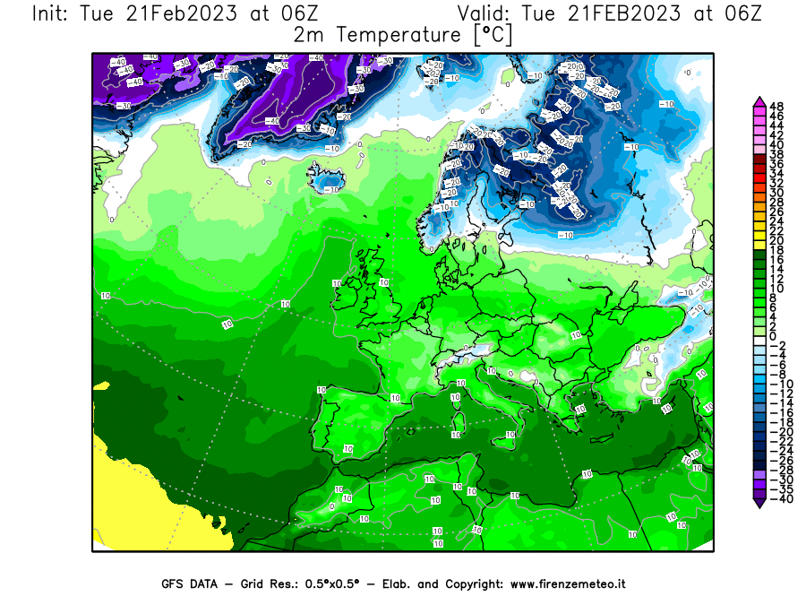 Mappa di analisi GFS - Temperatura a 2 metri dal suolo [°C] in Europa
							del 21/02/2023 06 <!--googleoff: index-->UTC<!--googleon: index-->
