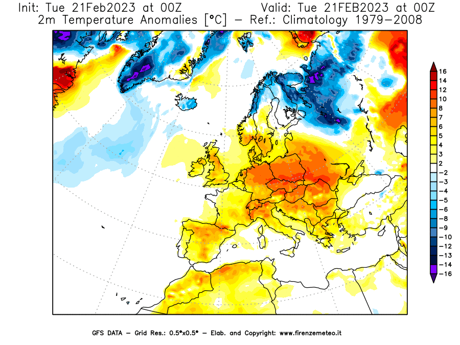 Mappa di analisi GFS - Anomalia Temperatura [°C] a 2 m in Europa
							del 21/02/2023 00 <!--googleoff: index-->UTC<!--googleon: index-->