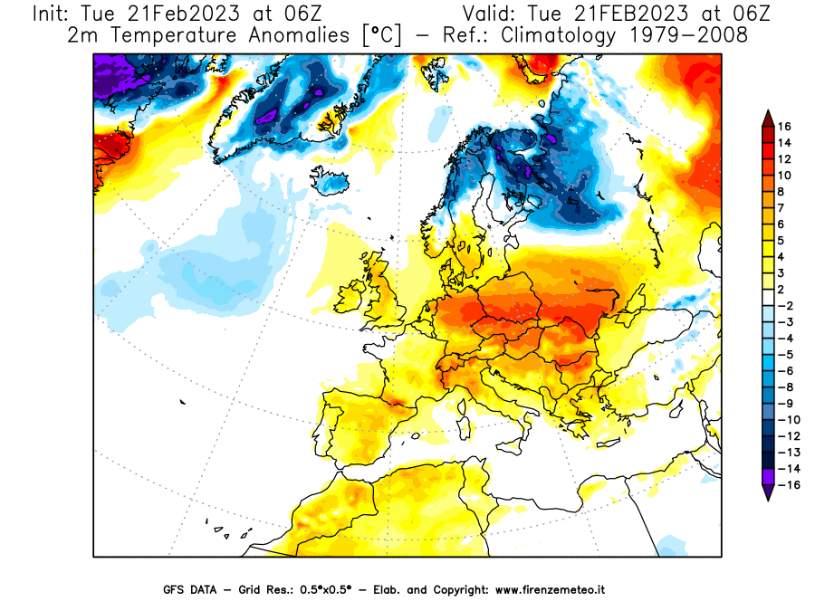 Mappa di analisi GFS - Anomalia Temperatura [°C] a 2 m in Europa
							del 21/02/2023 06 <!--googleoff: index-->UTC<!--googleon: index-->