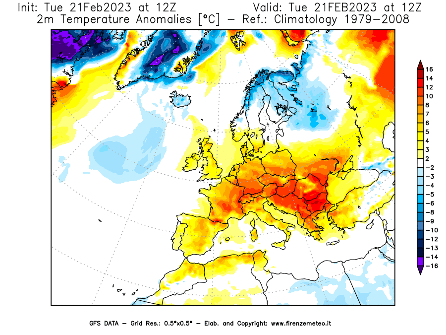Mappa di analisi GFS - Anomalia Temperatura [°C] a 2 m in Europa
							del 21/02/2023 12 <!--googleoff: index-->UTC<!--googleon: index-->