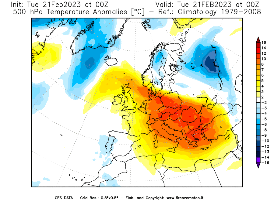 Mappa di analisi GFS - Anomalia Temperatura [°C] a 500 hPa in Europa
							del 21/02/2023 00 <!--googleoff: index-->UTC<!--googleon: index-->