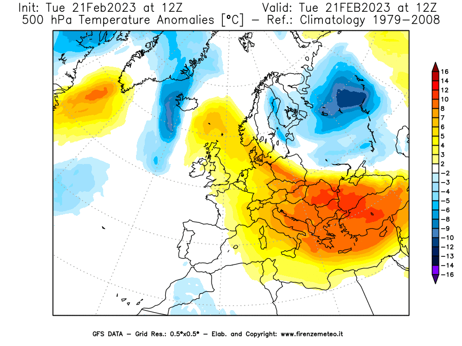 Mappa di analisi GFS - Anomalia Temperatura [°C] a 500 hPa in Europa
							del 21/02/2023 12 <!--googleoff: index-->UTC<!--googleon: index-->