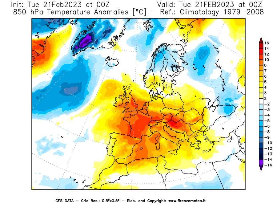 Mappa di analisi GFS - Anomalia Temperatura [°C] a 850 hPa in Europa
							del 21/02/2023 00 <!--googleoff: index-->UTC<!--googleon: index-->