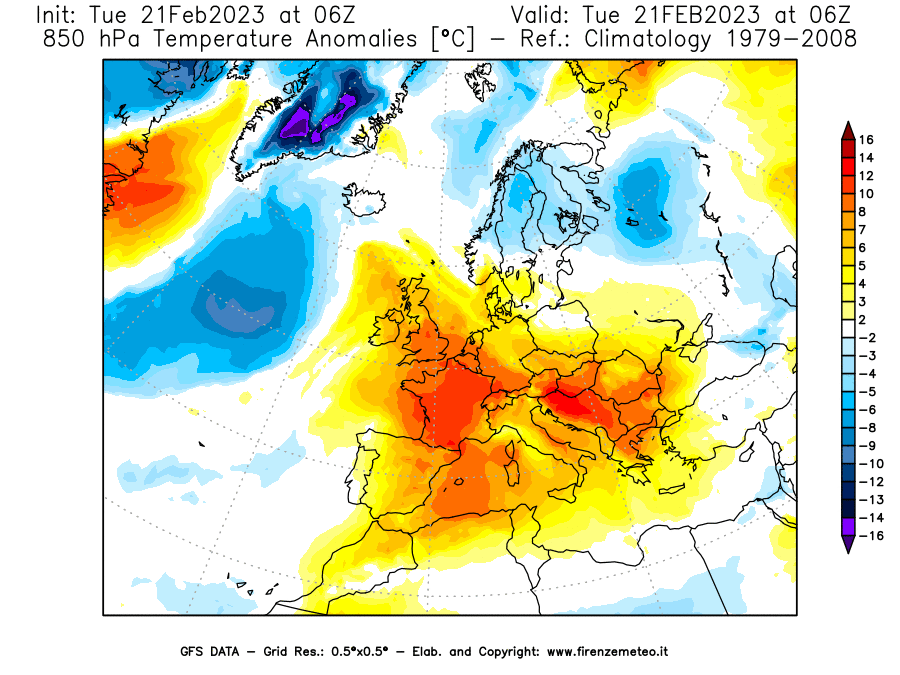 Mappa di analisi GFS - Anomalia Temperatura [°C] a 850 hPa in Europa
							del 21/02/2023 06 <!--googleoff: index-->UTC<!--googleon: index-->