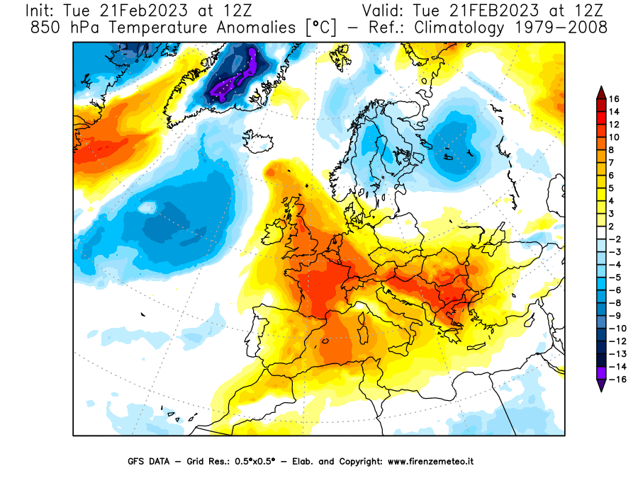 Mappa di analisi GFS - Anomalia Temperatura [°C] a 850 hPa in Europa
							del 21/02/2023 12 <!--googleoff: index-->UTC<!--googleon: index-->