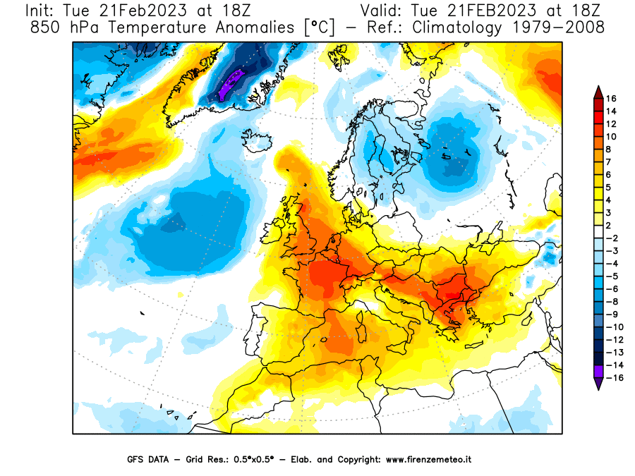 Mappa di analisi GFS - Anomalia Temperatura [°C] a 850 hPa in Europa
							del 21/02/2023 18 <!--googleoff: index-->UTC<!--googleon: index-->