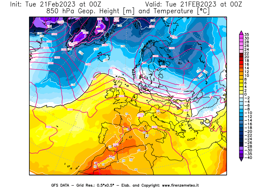 Mappa di analisi GFS - Geopotenziale [m] e Temperatura [°C] a 850 hPa in Europa
							del 21/02/2023 00 <!--googleoff: index-->UTC<!--googleon: index-->