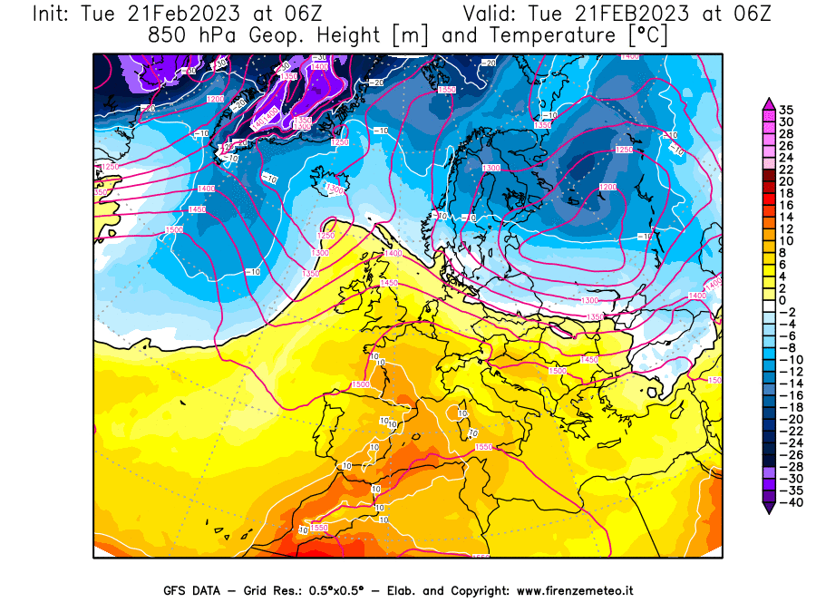 Mappa di analisi GFS - Geopotenziale [m] e Temperatura [°C] a 850 hPa in Europa
							del 21/02/2023 06 <!--googleoff: index-->UTC<!--googleon: index-->