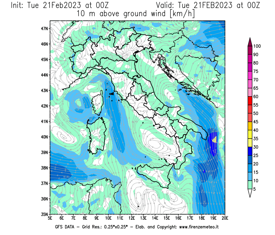Mappa di analisi GFS - Velocità del vento a 10 metri dal suolo [km/h] in Italia
							del 21/02/2023 00 <!--googleoff: index-->UTC<!--googleon: index-->