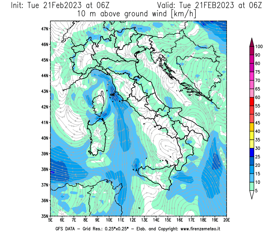 Mappa di analisi GFS - Velocità del vento a 10 metri dal suolo [km/h] in Italia
							del 21/02/2023 06 <!--googleoff: index-->UTC<!--googleon: index-->