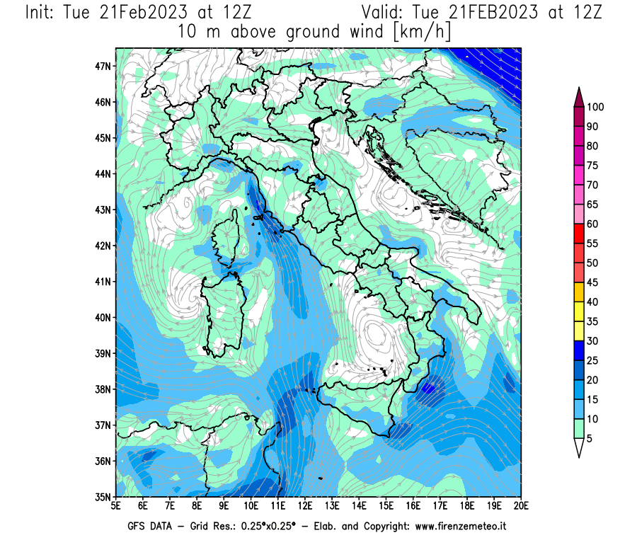 Mappa di analisi GFS - Velocità del vento a 10 metri dal suolo [km/h] in Italia
							del 21/02/2023 12 <!--googleoff: index-->UTC<!--googleon: index-->