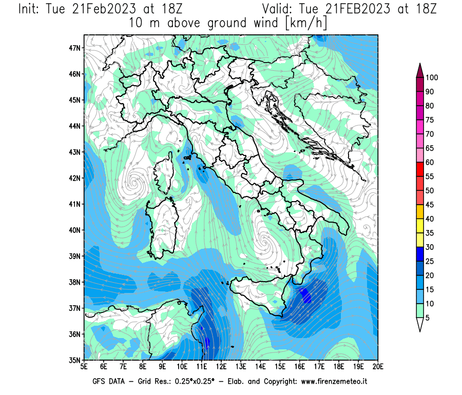 Mappa di analisi GFS - Velocità del vento a 10 metri dal suolo [km/h] in Italia
							del 21/02/2023 18 <!--googleoff: index-->UTC<!--googleon: index-->