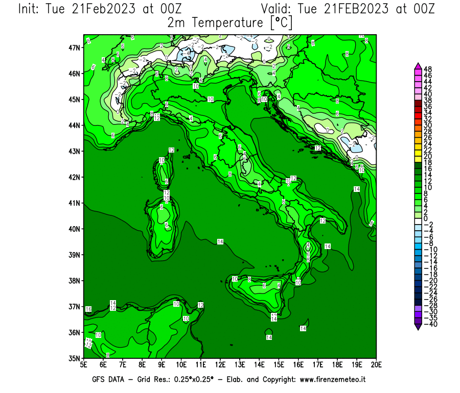 Mappa di analisi GFS - Temperatura a 2 metri dal suolo [°C] in Italia
							del 21/02/2023 00 <!--googleoff: index-->UTC<!--googleon: index-->
