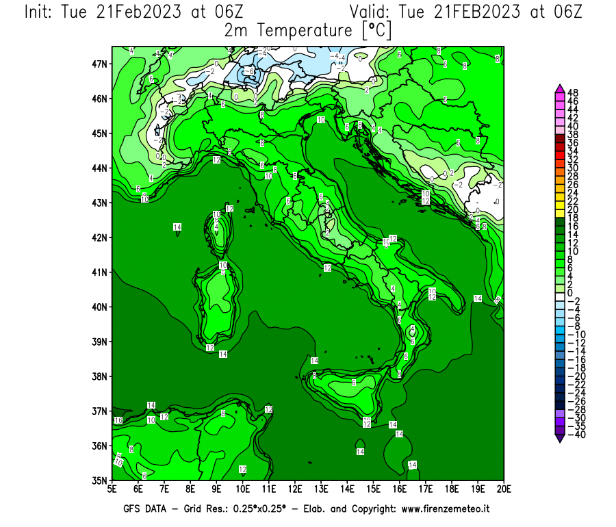 Mappa di analisi GFS - Temperatura a 2 metri dal suolo [°C] in Italia
							del 21/02/2023 06 <!--googleoff: index-->UTC<!--googleon: index-->
