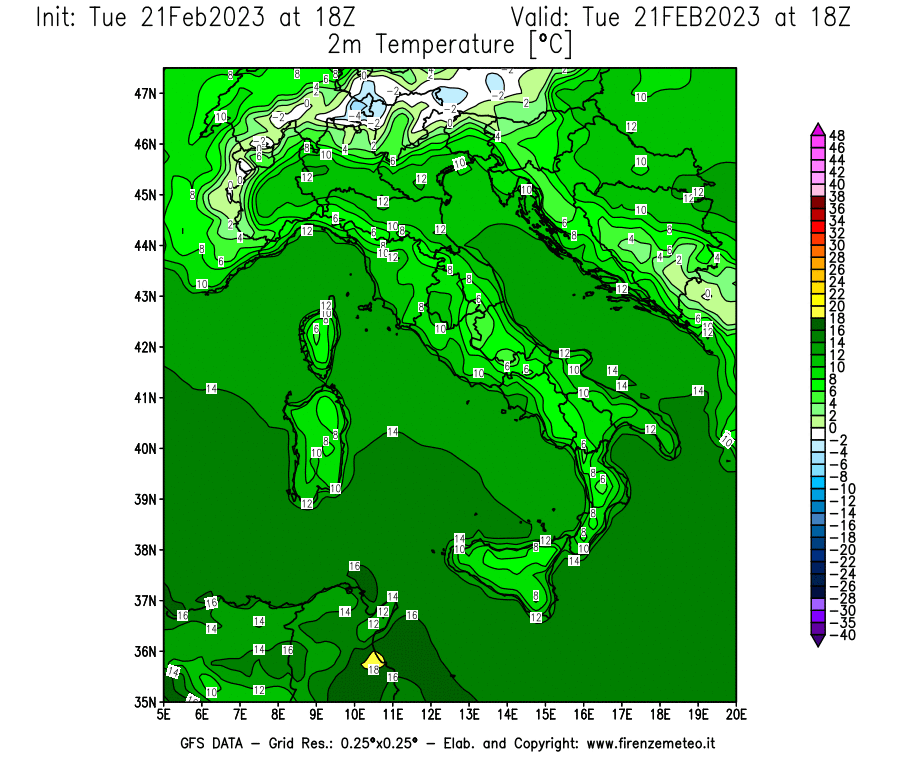 Mappa di analisi GFS - Temperatura a 2 metri dal suolo [°C] in Italia
							del 21/02/2023 18 <!--googleoff: index-->UTC<!--googleon: index-->
