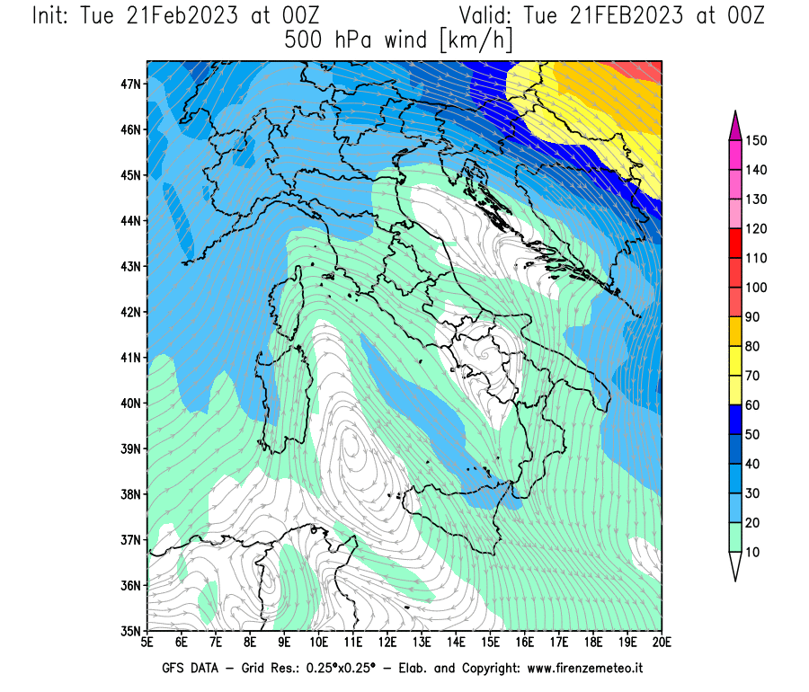 Mappa di analisi GFS - Velocità del vento a 500 hPa [km/h] in Italia
							del 21/02/2023 00 <!--googleoff: index-->UTC<!--googleon: index-->