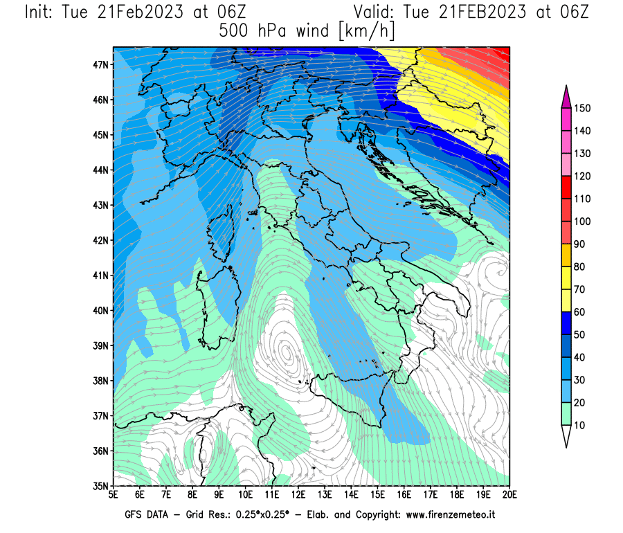 Mappa di analisi GFS - Velocità del vento a 500 hPa [km/h] in Italia
							del 21/02/2023 06 <!--googleoff: index-->UTC<!--googleon: index-->