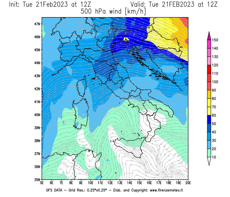 Mappa di analisi GFS - Velocità del vento a 500 hPa [km/h] in Italia
							del 21/02/2023 12 <!--googleoff: index-->UTC<!--googleon: index-->