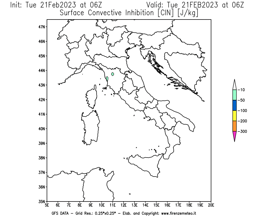 Mappa di analisi GFS - CIN [J/kg] in Italia
							del 21/02/2023 06 <!--googleoff: index-->UTC<!--googleon: index-->