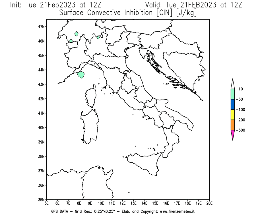 Mappa di analisi GFS - CIN [J/kg] in Italia
							del 21/02/2023 12 <!--googleoff: index-->UTC<!--googleon: index-->