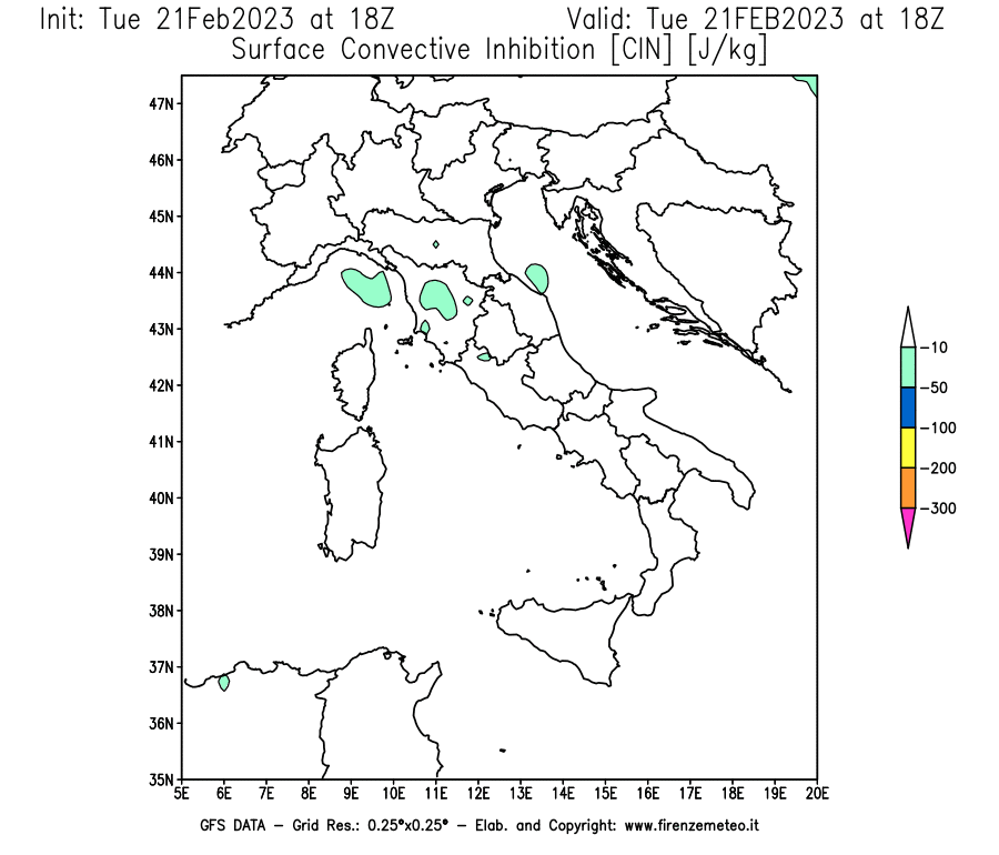 Mappa di analisi GFS - CIN [J/kg] in Italia
							del 21/02/2023 18 <!--googleoff: index-->UTC<!--googleon: index-->