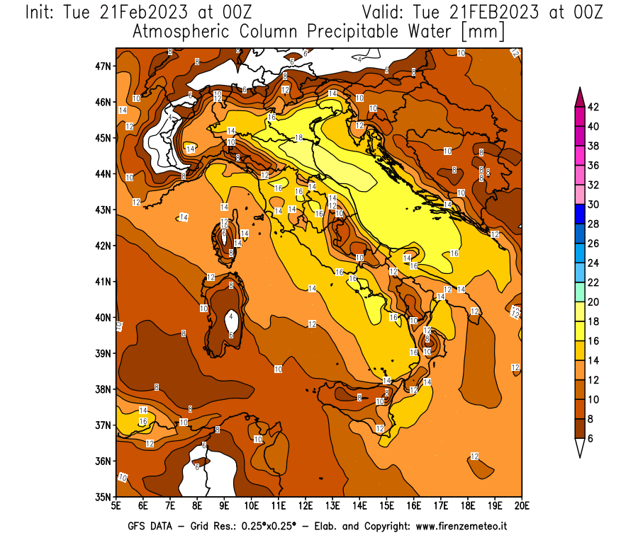 Mappa di analisi GFS - Precipitable Water [mm] in Italia
							del 21/02/2023 00 <!--googleoff: index-->UTC<!--googleon: index-->