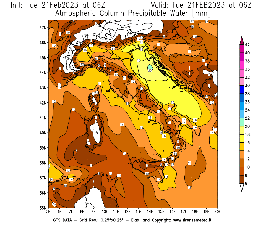 Mappa di analisi GFS - Precipitable Water [mm] in Italia
							del 21/02/2023 06 <!--googleoff: index-->UTC<!--googleon: index-->