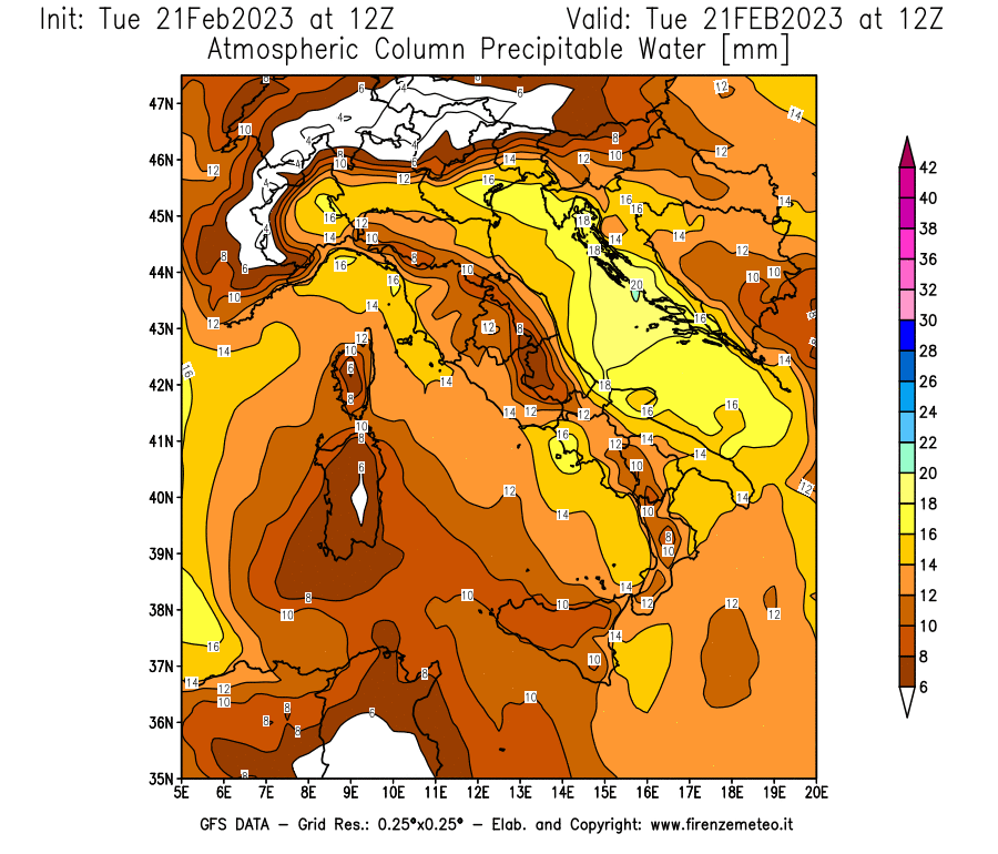 Mappa di analisi GFS - Precipitable Water [mm] in Italia
							del 21/02/2023 12 <!--googleoff: index-->UTC<!--googleon: index-->