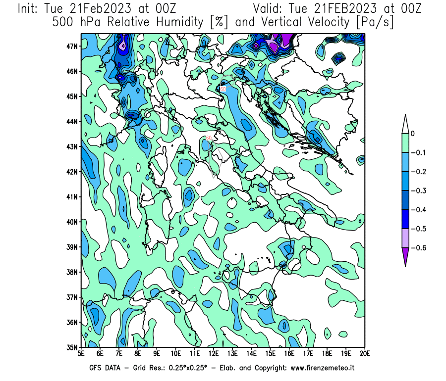 Mappa di analisi GFS - Umidità relativa [%] e Omega [Pa/s] a 500 hPa in Italia
							del 21/02/2023 00 <!--googleoff: index-->UTC<!--googleon: index-->