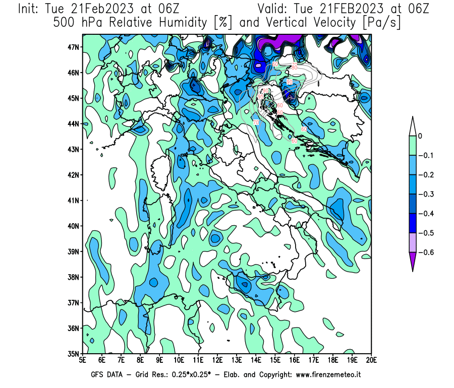 Mappa di analisi GFS - Umidità relativa [%] e Omega [Pa/s] a 500 hPa in Italia
							del 21/02/2023 06 <!--googleoff: index-->UTC<!--googleon: index-->
