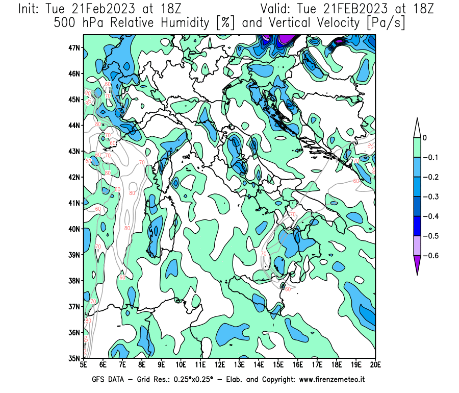 Mappa di analisi GFS - Umidità relativa [%] e Omega [Pa/s] a 500 hPa in Italia
							del 21/02/2023 18 <!--googleoff: index-->UTC<!--googleon: index-->